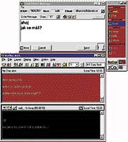 Ukázka otevřeného Kontakt listu - v horní části jsou připojení uživatelé, pod nimi odpojení, přičemž každá skupina má jinou barvu. Vlevo nahoře je okno pro zprávu, dole je otevřené okno chatu dvou lidí