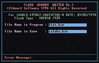 program FLASH sloužící k přeprogramování BIOS. V horním řádku je název souboru s novým BIOS, v dolním řádku jméno záložního souboru