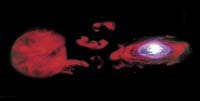 Ilustrace zobrazující dvojsystém černá díra - červený obr. Černá díra užírá hvězdě její materiál, který se přelévá na akreační disk a poté končí v černé díře
