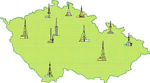 Na mapce jsou znázorněny některé vysílače v České republice. Vedle programů jsou uvedeny vysílací kanály