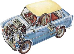 Trabant 601 - maximálně jednoduchá konstrukce činí toto auto velice snadno opravitelným. Velkým bezpečnostním nedostatkem je ale nádrž umístěná přímo nad motorem
