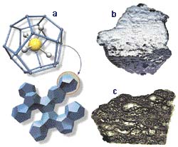 a - krystal ledu; molekula metanu;  c - bubliny