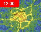 Série mapek Paříže dokumentuje vysoké koncentrace oxidů dusíku podél hlavních dopravních tepen (žlutě až oranžově) a nárůst znečištění při dopravní špičce