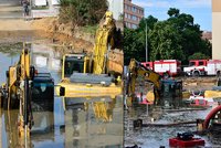Stavbu v Michli zaplavila voda z prasklých trubek: Topí se i jeřáby a bagry
