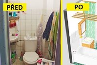 Proměna koupelny: Závěsná žaluzie skryla WC, police vyřešily úložné prostory