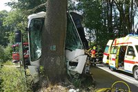Autobus na Olomoucku narazil do stromu: Všichni jsou zranění, řidiče museli vyprošťovat